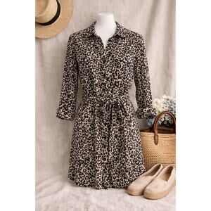 Cloth & Stone Leopard Print Shirt Dress Belted Button Front Small Chic Flowy